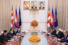 In this handout photo released by the Russian Foreign Ministry, Russian Foreign Minister Sergey Lavrov, right, and Cambodia's Prime Minister Hun Sen, left, attend a meeting in Phnom Penh, Cambodia. Editorial use only, no archive, no commercial use. Location: Cambodia, Phnompenh. Cambodia Russia
