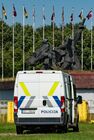 A police vehicle is parked next to the monument to the Liberators of Soviet Latvia and Riga from the German Fascist Invaders at Victory Park in Riga, Latvia. The Soviet World War II monument in the capital of Latvia will be dismantled and its parts recycled, Mayor of Riga Martins Stakis said on August 3. Location: Latvia, Riga. Author: Stringer/Sputnik. Latvia WWII Soviet Monument Demolition