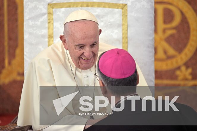 Pope Francis meets with bishops, priests, deacons, consecrated persons, seminarians and pastoral workers in Our Lady Of Perpetual Help Cathedral in Nur-Sultan, Kazakhstan. Location: Kazakhstan, Nur-Sultan. Author: Ilya Pitalev/Sputnik. Kazakhstan Religion Pope