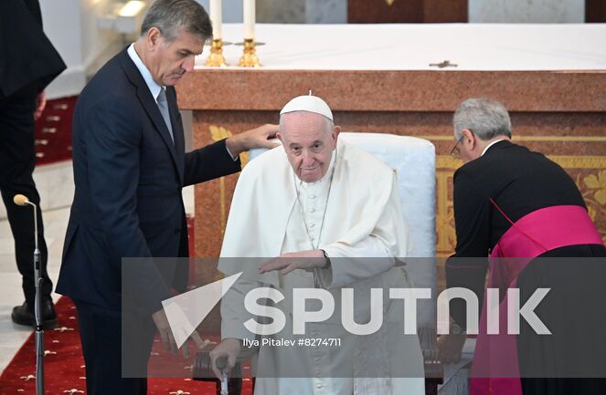 Pope Francis meets with bishops, priests, deacons, consecrated persons, seminarians and pastoral workers in Our Lady Of Perpetual Help Cathedral in Nur-Sultan, Kazakhstan. Location: Kazakhstan, Nur-Sultan. Author: Ilya Pitalev/Sputnik. Kazakhstan Religion Pope