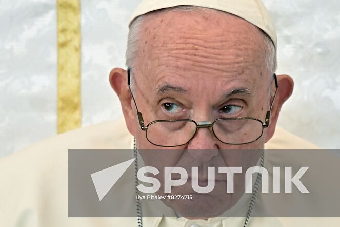 Pope Francis meets with bishops, priests, deacons, consecrated persons, seminarians and pastoral workers in Our Lady Of Perpetual Help Cathedral in Nur-Sultan, Kazakhstan. Location: Kazakhstan, Nur-Sultan. Author: Ilya Pitalev/Sputnik. Kazakhstan Religion Pope