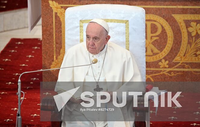 Pope Francis meets with bishops, priests, deacons, consecrated persons, seminarians and pastoral workers in Our Lady Of Perpetual Help Cathedral in Nur-Sultan, Kazakhstan. Location: Kazakhstan, Nur-Sultan. Author: Ilya Pitalev/Sputnik. Kazakhstan Religion Pope