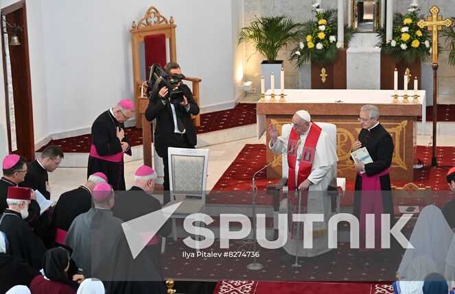 Pope Francis meets with bishops, priests, deacons, consecrated persons, seminarians and pastoral workers in Our Lady Of Perpetual Help Cathedral in Nur-Sultan, Kazakhstan. Location: Kazakhstan, Nur-Sultan. Author: Ilya Pitalev/Sputnik. Kazakhstan Religion Pope