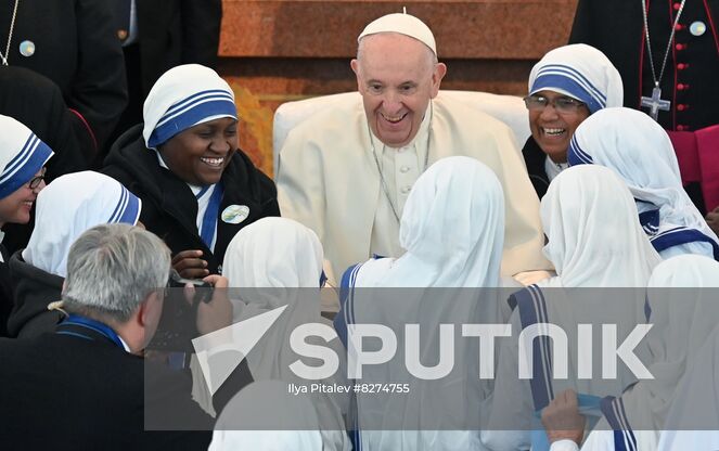 Pope Francis meets with bishops, priests, deacons, consecrated persons, seminarians and pastoral workers in Our Lady Of Perpetual Help Cathedral in Nur-Sultan, Kazakhstan. Location: Kazakhstan, Nur-Sultan. Author: Ilya Pitalev/Sputnik. Kazakhstan Religion Pope