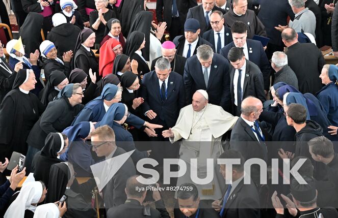 Pope Francis meets with bishops, priests, deacons, consecrated persons, seminarians and pastoral workers in Our Lady Of Perpetual Help Cathedral in Nur-Sultan, Kazakhstan. Location: Kazakhstan, Nur-Sultan. Author: Ilya Pitalev/Sputnik. Kazakhstan Religion Pope