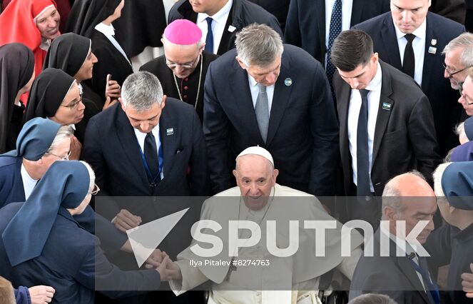 Pope Francis meets with bishops, priests, deacons, consecrated persons, seminarians and pastoral workers in Our Lady Of Perpetual Help Cathedral in Nur-Sultan, Kazakhstan. Location: Kazakhstan, Nur-Sultan. Author: Ilya Pitalev/Sputnik. Kazakhstan Religion Pope