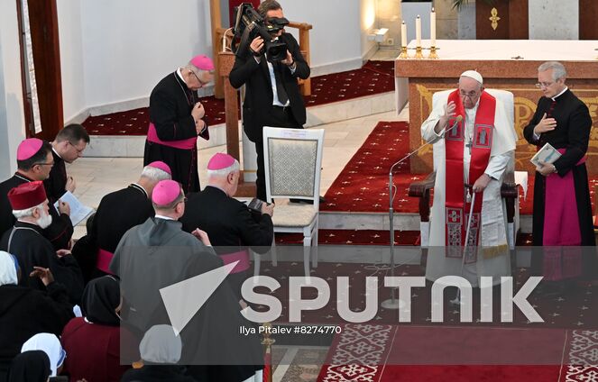 Pope Francis meets with bishops, priests, deacons, consecrated persons, seminarians and pastoral workers in Our Lady Of Perpetual Help Cathedral in Nur-Sultan, Kazakhstan. Location: Kazakhstan, Nur-Sultan. Author: Ilya Pitalev/Sputnik. Kazakhstan Religion Pope