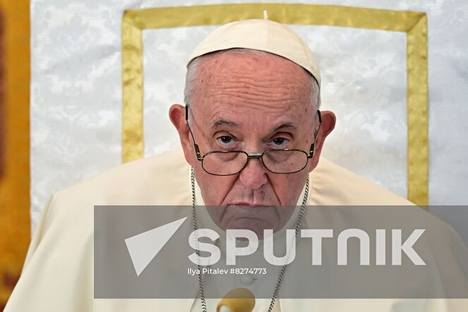 Pope Francis meets with bishops, priests, deacons, consecrated persons, seminarians and pastoral workers in Our Lady Of Perpetual Help Cathedral in Nur-Sultan, Kazakhstan. Location: Kazakhstan, Nur-Sultan. Author: Ilya Pitalev/Sputnik. Kazakhstan Religion Pope
