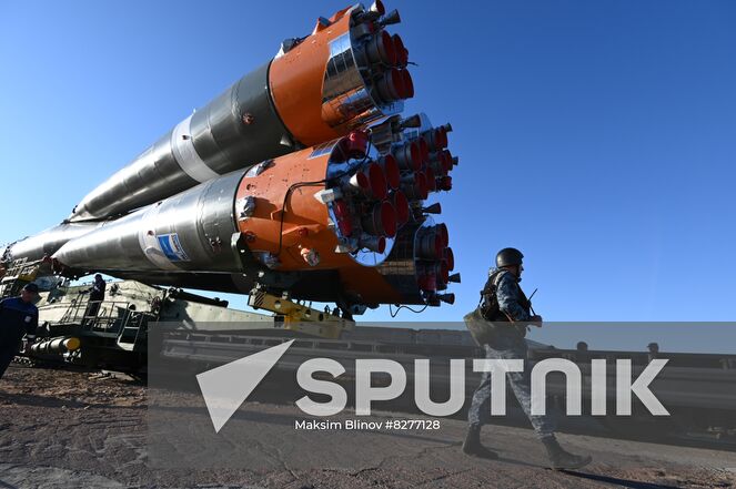 The Soyuz-2.1a rocket booster with the Soyuz MS-22 K. Tsiolkovsky spacecraft is transported from an assembling hangar to a launch pad ahead of its upcoming launch scheduled for September 21, at the Baikonur Cosmodrome, Kazakhstan. Location: Kazakhstan, Baikonur. Author: Maksim Blinov/Sputnik. Kazakhstan Russia Space