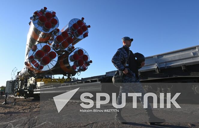 The Soyuz-2.1a rocket booster with the Soyuz MS-22 K. Tsiolkovsky spacecraft is transported from an assembling hangar to a launch pad ahead of its upcoming launch scheduled for September 21, at the Baikonur Cosmodrome, Kazakhstan. Location: Kazakhstan, Baikonur. Author: Maksim Blinov/Sputnik. Kazakhstan Russia Space