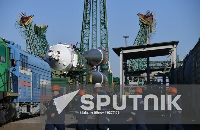 The Soyuz-2.1a rocket booster with the Soyuz MS-22 K. Tsiolkovsky spacecraft is transported from an assembling hangar to a launch pad ahead of its upcoming launch scheduled for September 21, at the Baikonur Cosmodrome, Kazakhstan. Location: Kazakhstan, Baikonur. Author: Maksim Blinov/Sputnik. Kazakhstan Russia Space