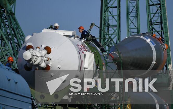The Soyuz-2.1a rocket booster with the Soyuz MS-22 K. Tsiolkovsky spacecraft is transported from an assembling hangar to a launch pad ahead of its upcoming launch scheduled for September 21, at the Baikonur Cosmodrome, Kazakhstan. Location: Kazakhstan, Baikonur. Author: Maksim Blinov/Sputnik. Kazakhstan Russia Space