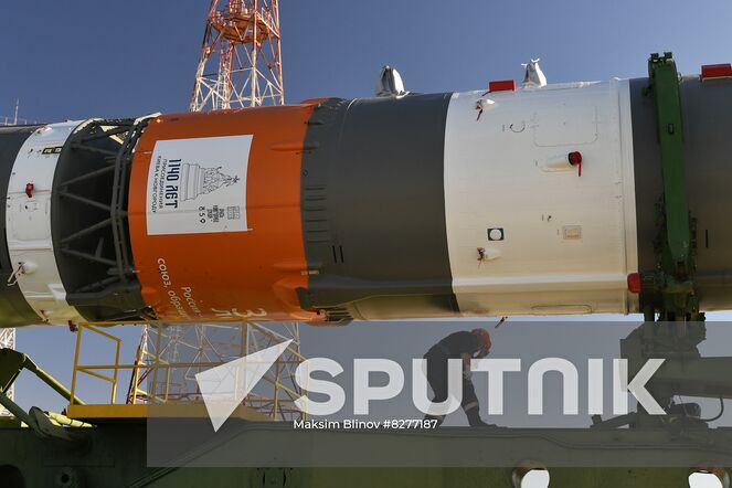 The Soyuz-2.1a rocket booster with the Soyuz MS-22 K. Tsiolkovsky spacecraft is transported from an assembling hangar to a launch pad ahead of its upcoming launch scheduled for September 21, at the Baikonur Cosmodrome, Kazakhstan. Location: Kazakhstan, Baikonur. Author: Maksim Blinov/Sputnik. Kazakhstan Russia Space