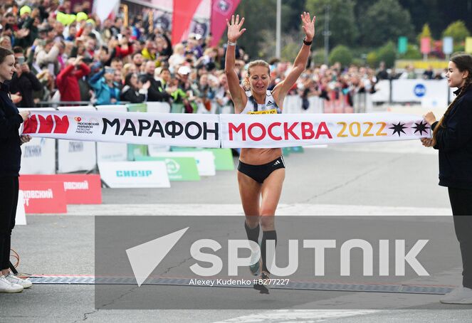 Russian athlete Marina Kovaleva finishes during the Moscow marathon, in Moscow, Russia. Location: Russia, Moscow. Author: Alexey Kudenko/Sputnik. Russia Moscow Marathon
