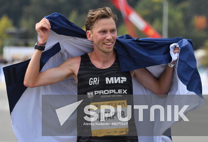 Russian athlete Iskander Yadgarov is seen after winning the Moscow marathon, in Moscow, Russia. Location: Russia, Moscow. Author: Alexey Kudenko/Sputnik. Russia Moscow Marathon