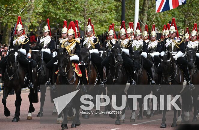 Members of the Household cavalry mounted regiment take part in the funeral procession, on the day of the state funeral and burial of Britain's Queen Elizabeth II, in London, Britain. Location: United Kingdom, London. Author: Alexey Vitvitsky/Sputnik. Britain Queen Elizabeth II Death