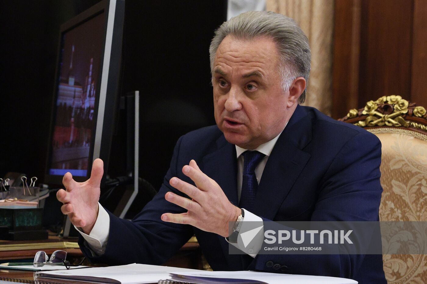 DOM.RF Foundation CEO Vitaly Mutko attends a meeting with Russian President Vladimir Putin at the Kremlin in Moscow, Russia. Location: Russia, Moscow. Author: Gavriil Grigorov/Sputnik. Russia Putin