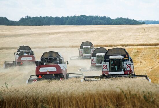 Rostselmash farming machinery harvesting crops