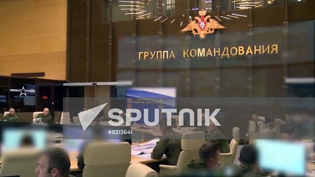 In this handout video grab released by the Russian Defence Ministry, participants attend a meeting at the Joint Russian Forces command post during Russia's military operation in Ukraine at the unknown location. Editorial use only, no archive, no commercial use. Russia Ukraine Military Operation Defence Minister