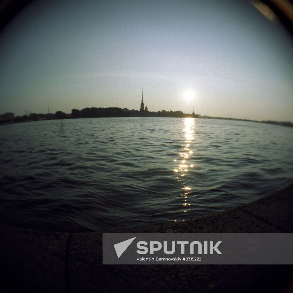 Sun rising over Neva in Leningrad