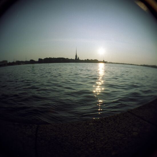 Sun rising over Neva in Leningrad
