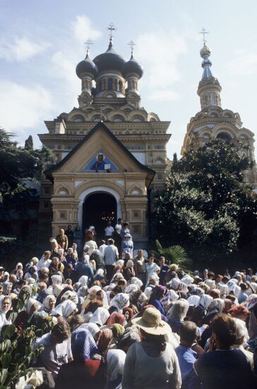 Prayer service outside St. Alexander Nevsky's Cathedral in Yalta