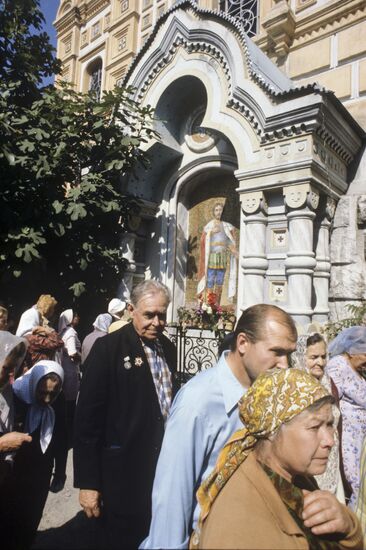 Prayer service outside St. Alexander Nevsky's Cathedral in Yalta
