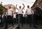 Armenian opposition candidate, former Armenian President, leader of the Armenia Alliance Robert Kocharyan, centre, walks with his supporters during a pre-election campaign rally, in central Yerevan, Armenia. On June 20, 2021, Armenia will hold its third parliamentary elections in four years and it will be the second consecutive snap election. Location: Armenia, Yerevan. Author: Aram Nersesyan. Armenia Kocharyan Supporters Rally