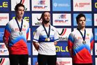 From left, silver medalist, Russia's Irek Rizaev, gold medalist, France's Anthony Jeanjean, and bronze medalist, Russia's Konstantin Andreev are pictured during an awarding ceremony at the BMX Freestyle Park European Championships, at the Music Media Dome, in Moscow, Russia. Location: Russia, Moscow. Author: Vladimir Astapkovich/Sputnik. Russia BMX Freestyle Park European Championships