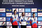 From left, silver medalist, Irek Rizaev, gold medalist, France's Anthony Jeanjean, and bronze medalist, Russia's Konstantin Andreev are pictured during an awarding ceremony at the BMX Freestyle Park European Championships, at the Music Media Dome, in Moscow, Russia. Location: Russia, Moscow. Author: Vladimir Astapkovich/Sputnik. Russia BMX Freestyle Park European Championships