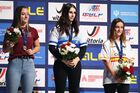 From left, silver medalist, Germany's Lara Lessmann, gold medalist, Switzerland's Еlizaveta Nikita Ducarroz, and bronze medalist, Spain's Teresa Fernandez-Miranda Azcoaga are pictured during an awarding ceremony at the BMX Freestyle Park European Championships, at the Music Media Dome, in Moscow, Russia. Location: Russia, Moscow. Author: Vladimir Astapkovich/Sputnik. Russia BMX Freestyle Park European Championships