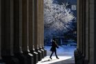 A woman walks near the Novosibirsk State Academic Opera and Ballet Theatre on Lenin Square, in Novosibirsk, Russia. Location: Russia, Novosibirsk. Author: Alexandr Kryazhev. Russia Weather