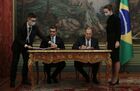Brazil's Foreign Minister Carlos Alberto Franca, left, and his Russian counterpart Sergey Lavrov sign joint documents following their meeting, in Moscow, Russia. Location: Russia, Moscow. Author: Alexander Shcherbak. Russia Brazil