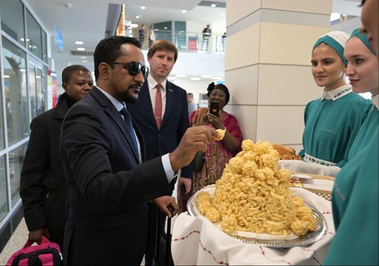 Mossa Ag Attaher, Minister of Youth and Sports of the Republic of Mali responsible for civil upbringing and conscience, greeted at Kazan Airport before the Russia - Islamic World: KazanForum. Crediting the source is mandatory when using the photo. Location: Russia, Republic of Tatarstan, Kazan. Author: Alexandr Kryazhev/ANO “Directorate for Sports and Social Projects”. KAZANFORUM 2023. Welcoming guests