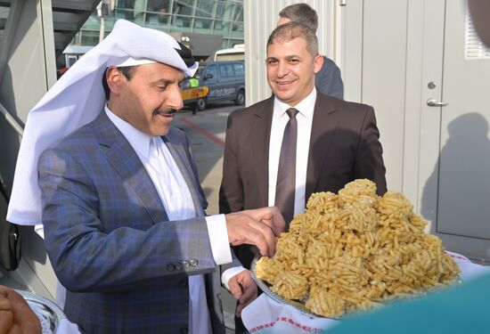 Sheikh Ahmed bin Nasser bin Jassim Al Thani, Qatar's Ambassador in Russia, during a welcoming ceremony at the Kazan airport on the eve of the International Economic Forum "Russia - Islamic World: KazanForum" 2023. Photos can be used if there is a mandatory link to the source. Location: Russia, Republic of Tatarstan, Kazan. Author: Pavel Lisitsyn/ANO “Directorate for Sports and Social Projects”. KAZANFORUM 2023. Welcoming guests