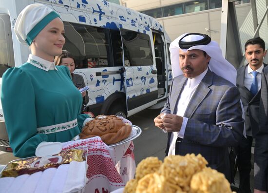 Sheikh Ahmed bin Nasser bin Jassim Al Thani, Qatar's Ambassador in Russia, during a welcoming ceremony at the Kazan airport on the eve of the International Economic Forum "Russia - Islamic World: KazanForum" 2023. Photos can be used if there is a mandatory link to the source. Location: Russia, Republic of Tatarstan, Kazan. Author: Pavel Lisitsyn/ANO “Directorate for Sports and Social Projects”. KAZANFORUM 2023. Welcoming guests