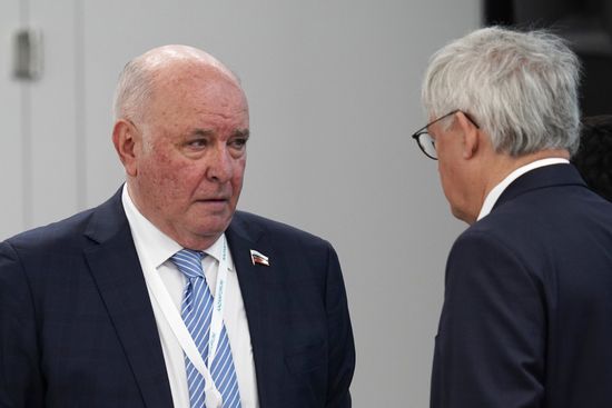 Left: Grigory Karasin, Chairperson of the Federation Council Committee on International Affairs and representative of the executive authority of the Sakhalin Region's Government, before a plenary session, Opening of the 7th OIC Young Diplomats Forum, during the XIV International Economic Forum "Russia – Islamic World: KazanForum." Crediting the source is mandatory when using the photo. Location: Russia, Republic of Tatarstan, Kazan. Author: Alexei Danichev/ANO “Directorate for Sports and Social Projects”. KAZANFORUM 2023. Opening of 7th OIC Young Diplomats Forum. Plenary session