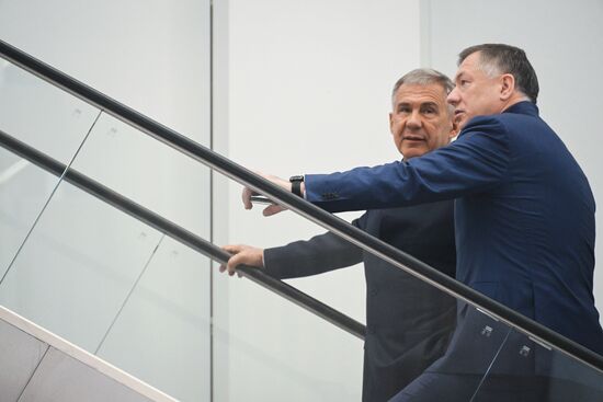 Head of the Republic of Tatarstan Rustam Minnikhanov and Deputy Prime Minister Marat Khusnullin at the 14th Russia - Islamic World: KazanForum International Economic Forum. Crediting the source is mandatory when using the photo. Location: Russia, Republic of Tatarstan, Kazan. Author: Kirill Kallinikov/ANO “Directorate for Sports and Social Projects”. Head of Republic of Tatarstan Rustam Minnikhanov visits KAZANFORUM 2023