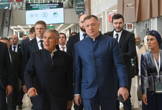 Front, from left: Head of the Republic of Tatarstan Rustam Minnikhanov and Deputy Prime Minister Marat Khusnullin at the 14th Russia - Islamic World: KazanForum International Economic Forum. Crediting the source is mandatory when using the photo. Location: Russia, Republic of Tatarstan, Kazan. Author: Kirill Kallinikov/ANO “Directorate for Sports and Social Projects”. Head of Republic of Tatarstan Rustam Minnikhanov visits KAZANFORUM 2023