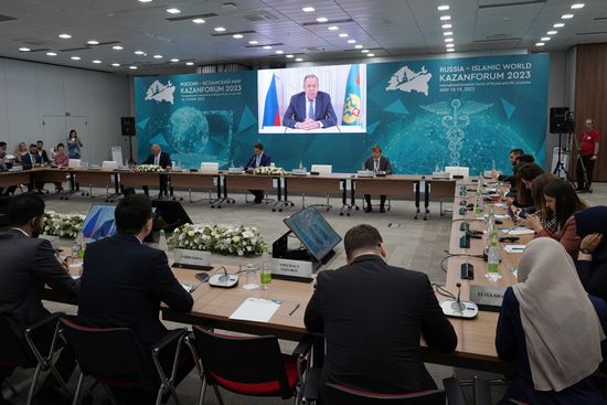 Russian Foreign Minister Sergei Lavrov, takes part in a plenary session, Opening of the 7th OIC Young Diplomats Forum, via videoconference during the XIV International Economic Forum "Russia – Islamic World: KazanForum." Crediting the source is mandatory when using the photo. Location: Russia, Republic of Tatarstan, Kazan. Author: Alexei Danichev/ANO “Directorate for Sports and Social Projects”. KAZANFORUM 2023. Opening of 7th OIC Young Diplomats Forum. Plenary session