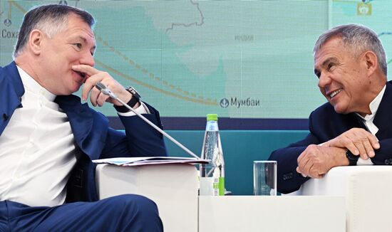 From left: Deputy Prime Minister of Russia Marat Khusnullin and Head of the Tatarstan Republic, Chair of the Russia - Islamic World Group of Strategic Vision Rustam Minnikhanov at the session on the development of the North-South international transport corridor held as part of the 14th Russia - Islamic World: KazanForum International Economic Forum. Crediting the source is mandatory when using the photo. Location: Russia, Republic of Tatarstan, Kazan. Author: Alexey Maishev/ANO “Directorate for Sports and Social Projects”. KAZANFORUM 2023. On the development of the North-South international transport corridor