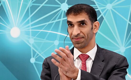 UAE Minister of State for Foreign Trade Thani bin Ahmed Al Zeyoudi at the session on the development of the North-South international transport corridor held as part of the 14th Russia - Islamic World: KazanForum International Economic Forum. Crediting the source is mandatory when using the photo. Location: Russia, Republic of Tatarstan, Kazan. Author: Alexey Maishev/ANO “Directorate for Sports and Social Projects”. KAZANFORUM 2023. On the development of the North-South international transport corridor