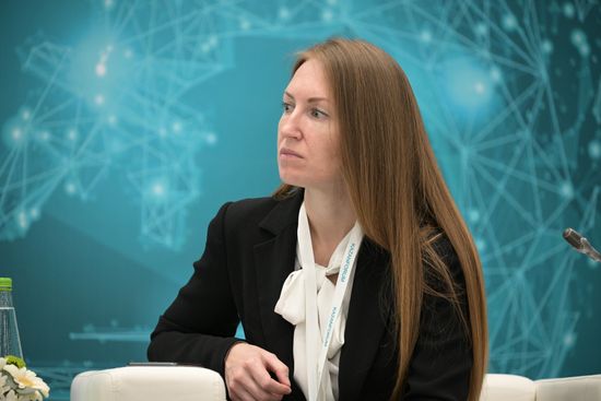 Maria Romashova, co-owner of Talking City LLC at the session on The Best Solutions for Smart City: Optimizing Traffic and Improving Security as part of the XIV International Economic Forum RUSSIA — ISLAMIC WORLD: KAZANFORUM 2023. Crediting the source is mandatory when using the photo. Location: Russia, Republic of Tatarstan, Kazan. Author: Vladimir Astapkovich/ANO “Directorate for Sports and Social Projects”. KAZANFORUM 2023. The Best Solutions for Smart City: Optimizing Traffic and Improving Security