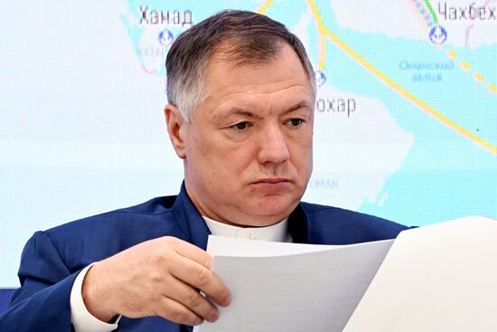 Deputy Prime Minister of Russia Marat Khusnullin at the session on the development of the North-South international transport corridor held as part of the 14th Russia - Islamic World: KazanForum International Economic Forum. Crediting the source is mandatory when using the photo. Location: Russia, Republic of Tatarstan, Kazan. Author: Alexey Maishev/ANO “Directorate for Sports and Social Projects”. KAZANFORUM 2023. On the development of the North-South international transport corridor