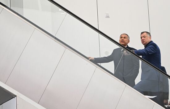 From left: Head of the Republic of Tatarstan Rustam Minnikhanov and Deputy Prime Minister Marat Khusnullin at the 14th Russia - Islamic World: KazanForum International Economic Forum. Crediting the source is mandatory when using the photo. Location: Russia, Republic of Tatarstan, Kazan. Author: Svetlana Shevchenko/ANO “Directorate for Sports and Social Projects”. Head of Republic of Tatarstan Rustam Minnikhanov visits KAZANFORUM 2023