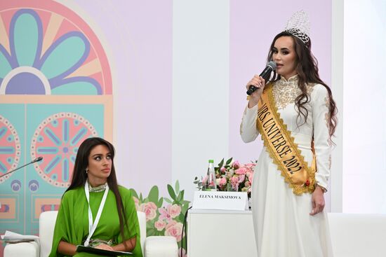 Left: Miss Universe Bahrain Evelyn Khalifa and Mrs. Universe 2023 Yelena Maksimova at the Beauty and Health According to Sharia Standards session held as part of the 14th Russia - Islamic World: KazanForum International Economic Forum. Crediting the source is mandatory when using the photo. Location: Russia, Republic of Tatarstan, Kazan. Author: Maksim Bogodvid/ANO “Directorate for Sports and Social Projects”. KAZANFORUM 2023. Beauty and health according to Sharia standards