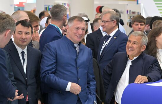 Russian Deputy Prime Minister Marat Khusnullin, center, and Head of the Republic of Tatarstan Rustam Minnikhanov, right. Official opening ceremony of RUSSIA HALAL EXPO 2023, during the 14th Russia - Islamic World: KazanForum International Economic Forum. Crediting the source is mandatory when using the photo. Location: Russia, Republic of Tatarstan, Kazan. Author: Evgeny Biyatov/ANO “Directorate for Sports and Social Projects”. KAZANFORUM 2023. Official opening ceremony of international exhibition RUSSIA HALAL EXPO 2023