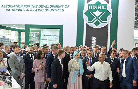 Russian Deputy Prime Minister Marat Khusnullin, right, and Head of the Republic of Tatarstan Rustam Minnikhanov, front second right. Official opening ceremony of RUSSIA HALAL EXPO 2023, during the 14th Russia - Islamic World: KazanForum International Economic Forum. Crediting the source is mandatory when using the photo. Location: Russia, Republic of Tatarstan, Kazan. Author: Evgeny Biyatov/ANO “Directorate for Sports and Social Projects”. KAZANFORUM 2023. Official opening ceremony of international exhibition RUSSIA HALAL EXPO 2023