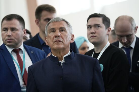 Center: Head of the Tatarstan Republic Rustam Minnikhanov at the 14th Russia - Islamic World: KazanForum International Economic Forum. Crediting the source is mandatory when using the photo. Location: Russia, Republic of Tatarstan, Kazan. Author: Alexei Danichev/ANO “Directorate for Sports and Social Projects”. Head of Republic of Tatarstan Rustam Minnikhanov visits KAZANFORUM 2023