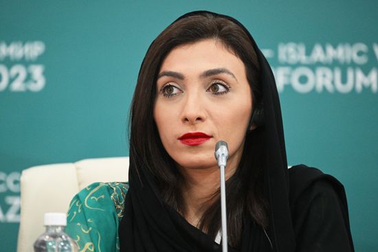 Haya Al-Katerji, founder and General Director of UR Designs Group (UAE), at the press conference, A Woman’s Perspective on Non-Woman’s Business, held as part of the XIV International Economic Forum RUSSIA — ISLAMIC WORLD: KAZANFORUM 2023. Crediting the source is mandatory when using the photo. Location: Russia, Republic of Tatarstan, Kazan. Author: Ramil Sitdikov/ANO “Directorate for Sports and Social Projects”. KAZANFORUM 2023. Press conference: A Woman’s Perspective on Non-Woman’s Business